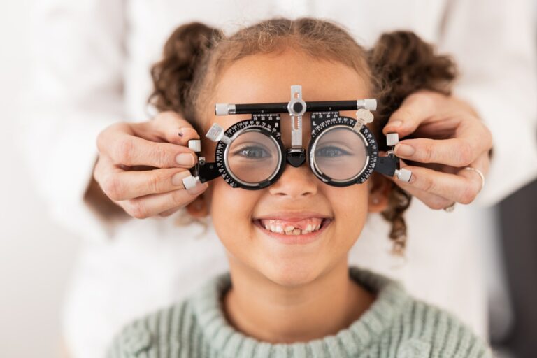 Eye, vision and test with child for glasses in optometry office for eye care and health. Eyewear, e